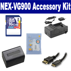 Synergy Digital Accessory Kit, Works with Sony NEX-VG900 Camcorder includes: SDM-109 Charger, HDMI3FM AV & HDMI Cable, ZELCKSG Care & Cleaning, SDNPFV70NEW Battery, SD4/16GB Memory Card