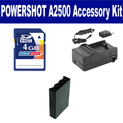 Synergy Digital Accessory Kit, Works with Canon PowerShot A2500 Digital Camera includes: SDNB11L Battery, SDM-1555 Charger, KSD4GB Memory Card