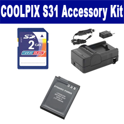 Synergy Digital Accessory Kit, Works with Nikon Coolpix S31 Digital Camera includes: SDENEL12 Battery, SDM-197 Charger, KSD2GB Memory Card