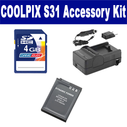 Synergy Digital Accessory Kit, Works with Nikon Coolpix S31 Digital Camera includes: SDENEL12 Battery, SDM-197 Charger, KSD4GB Memory Card