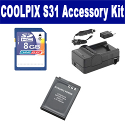 Synergy Digital Accessory Kit, Works with Nikon Coolpix S31 Digital Camera includes: SDENEL12 Battery, SDM-197 Charger, KSD48GB Memory Card