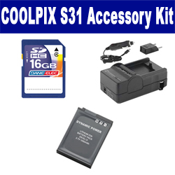 Synergy Digital Accessory Kit, Works with Nikon Coolpix S31 Digital Camera includes: SDENEL12 Battery, SDM-197 Charger, SD4/16GB Memory Card