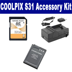 Synergy Digital Accessory Kit, Works with Nikon Coolpix S31 Digital Camera includes: SDENEL12 Battery, SDM-197 Charger, SD32GB Memory Card