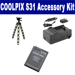 Synergy Digital Accessory Kit, Works with Nikon Coolpix S31 Digital Camera includes: SDENEL12 Battery, SDM-197 Charger, GP-10 Tripod