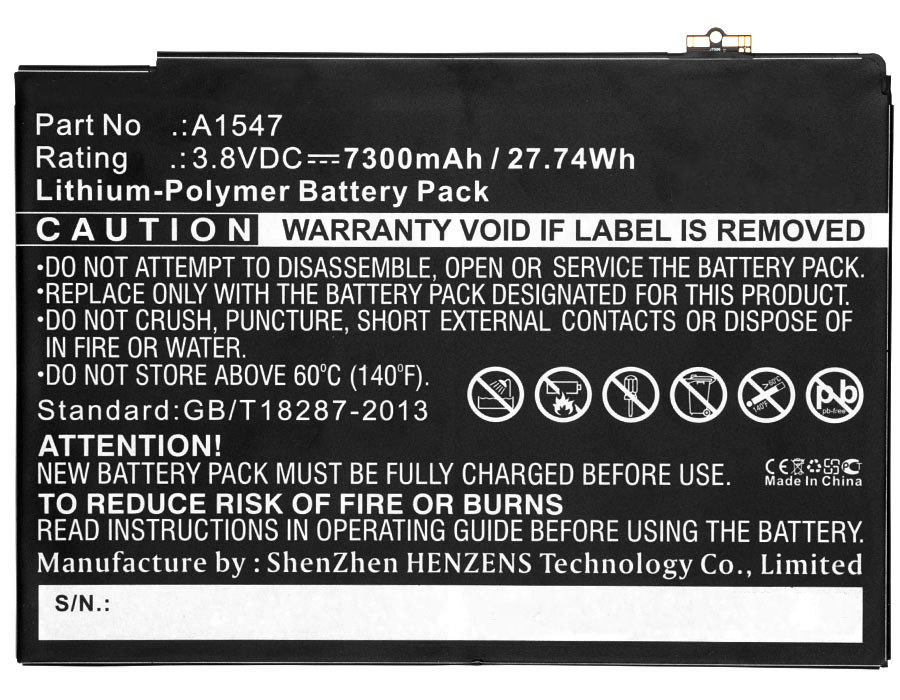 Synergy Digital Tablet Battery, Compatible with Apple A1547 Tablet Battery (Li-Pol, 3.8V, 7300mAh)