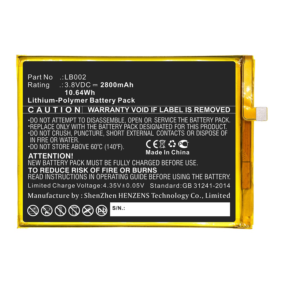 Synergy Digital Cell Phone Battery, Compatible with Lenovo LB002 Cell Phone Battery (Li-Pol, 3.8V, 2800mAh)