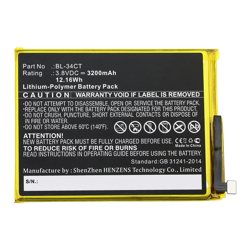 Synergy Digital Cell Phone Battery, Compatible with Tecno BL-34CT Cell Phone Battery (Li-Pol, 3.8V, 3200mAh)