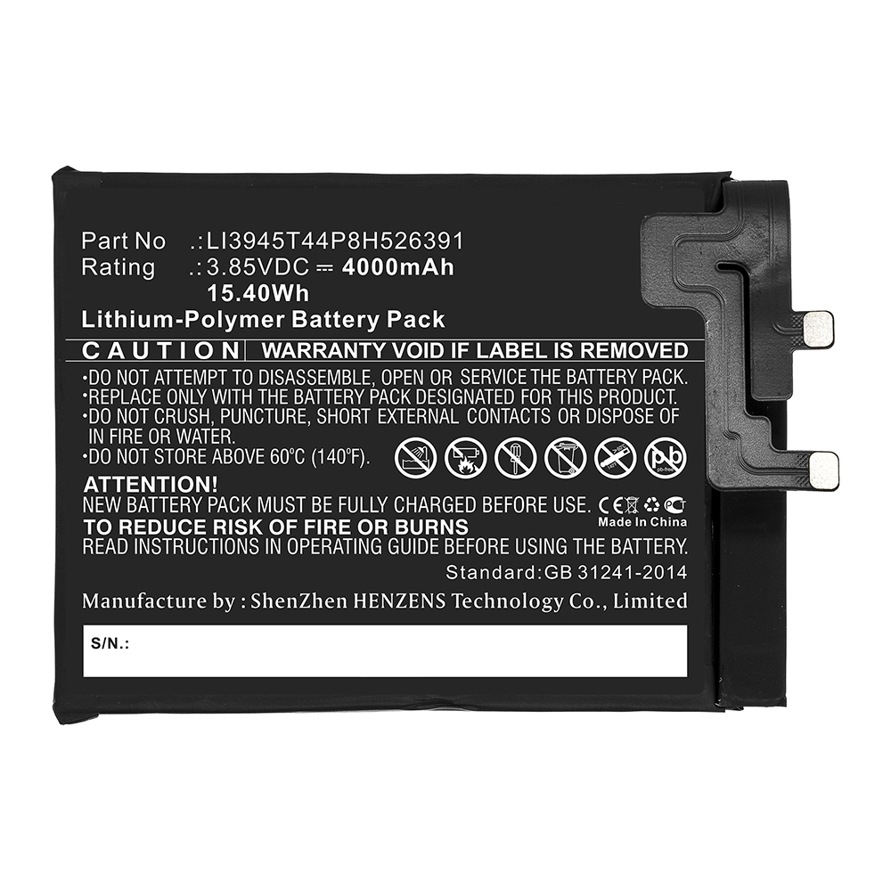 Synergy Digital Cell Phone Battery, Compatible with ZTE LI3945T44P8H526391 Cell Phone Battery (Li-Pol, 3.85V, 4000mAh)