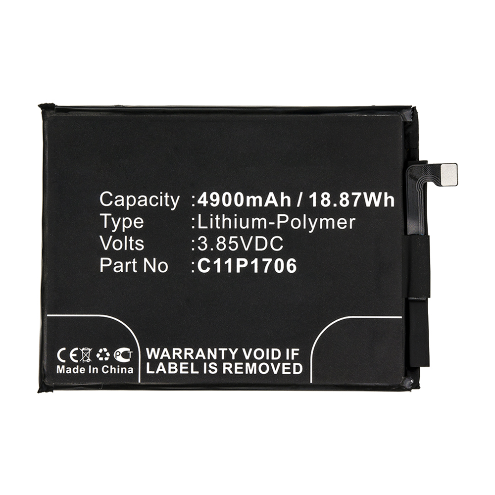 Synergy Digital Cell Phone Battery, Compatible with Asus C11P1706 (1ICP5/65/87) Cell Phone Battery (Li-Pol, 3.85V, 4900mAh)