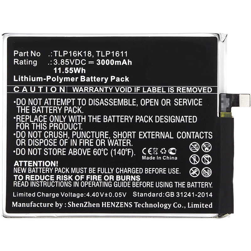 Synergy Digital Cell Phone Battery, Compatible with BLU C766144300T, TLP1611, TLP16G30, TLP16K18 Cell Phone Battery (3.85V, Li-Pol, 3000mAh)