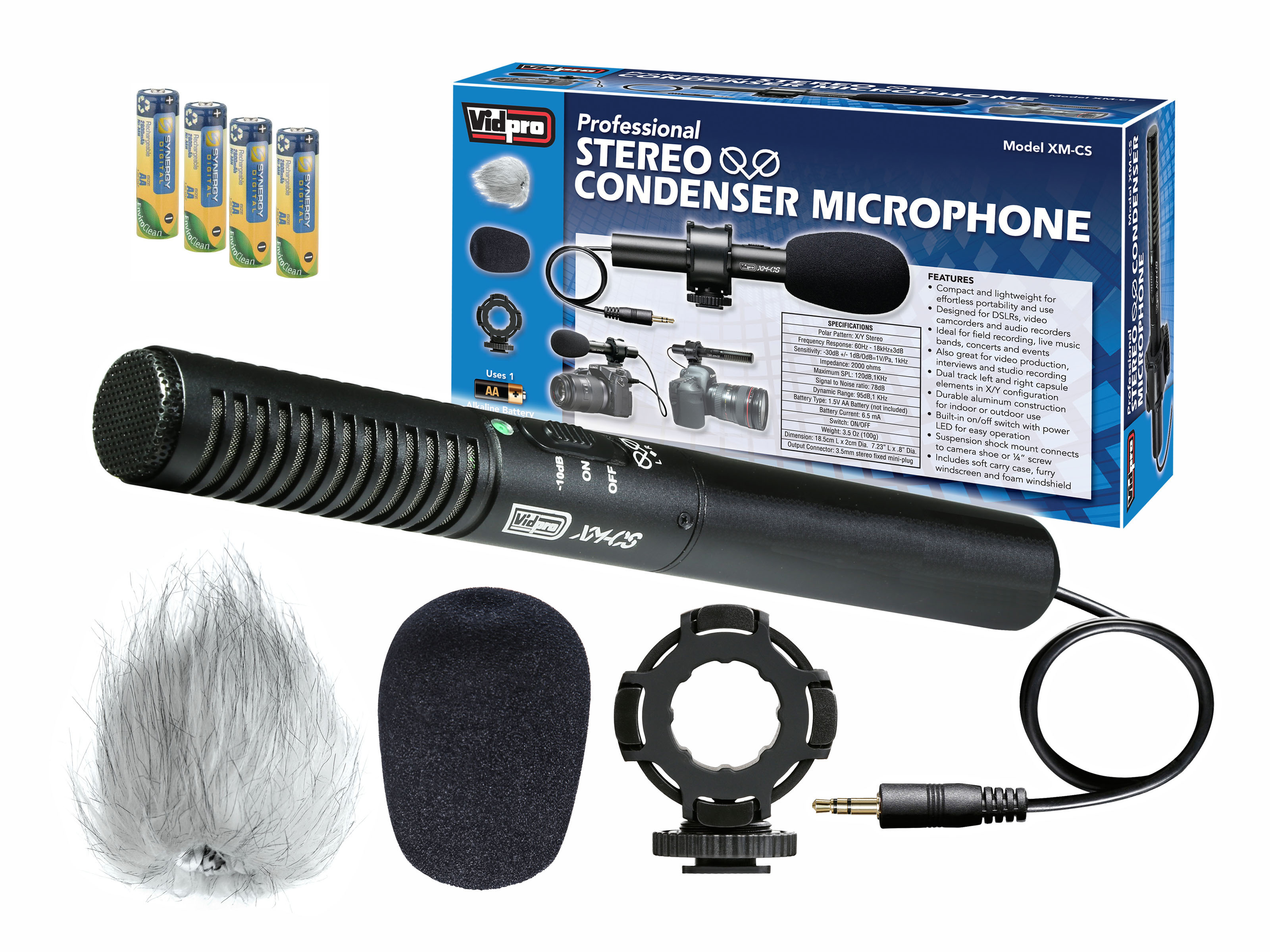 Vidpro XM-CS Condenser Stereo XY Microphone Kit  for DSLRs, video camcorders and audio recorders - With a Pack of 4 AA NiMH Rechargable Batteries - 2800mAh