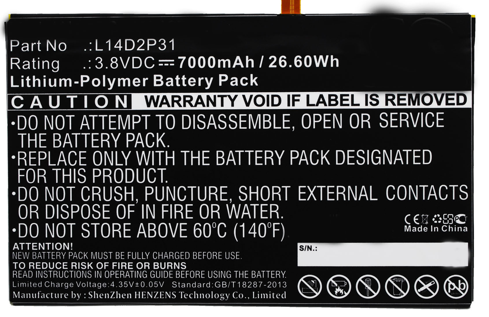 Synergy Digital Tablet Battery, Compatible with Lenovo L14D2P31 Tablet Battery (Li-Pol, 3.8V, 7000mAh)