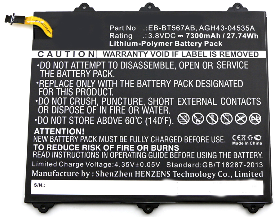 Synergy Digital Tablet Battery, Compatible with Samsung EB-BT567ABA Tablet Battery (Li-Pol, 3.8V, 7300mAh)