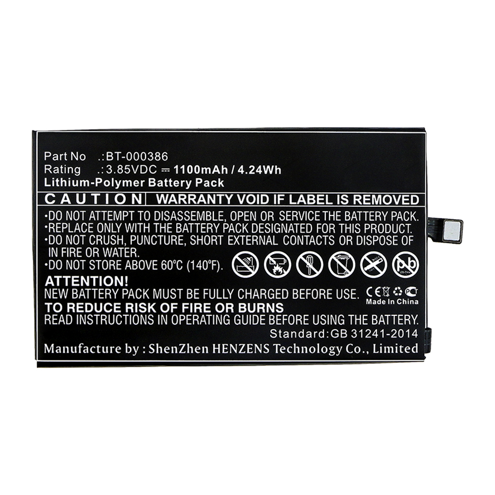 Synergy Digital Barcode Scanner Battery, Compatible with Zebra BT-000386 Barcode Scanner Battery (Li-Pol, 3.85V, 1100mAh)