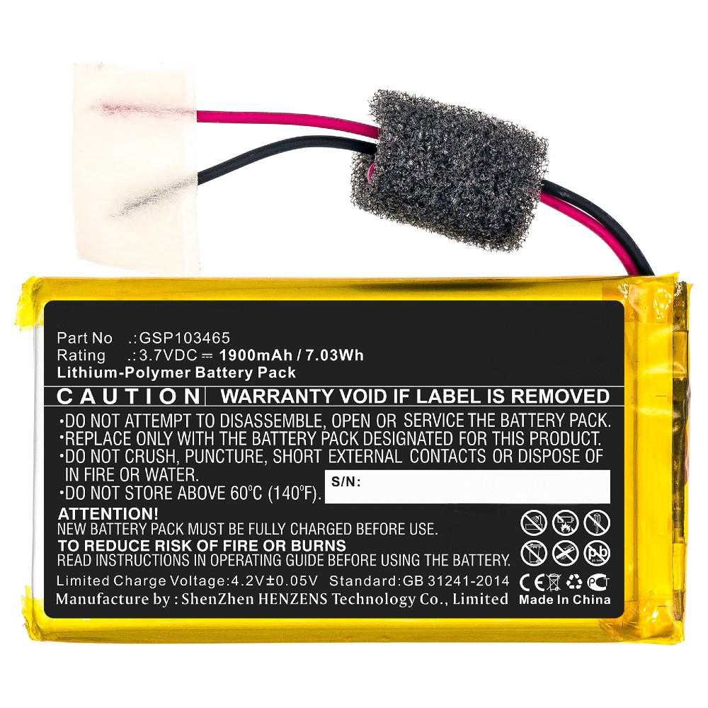 Synergy Digital Speaker Battery, Compatible with Braven GSP103465 Speaker Battery (Li-Pol, 3.7V, 1900mAh)