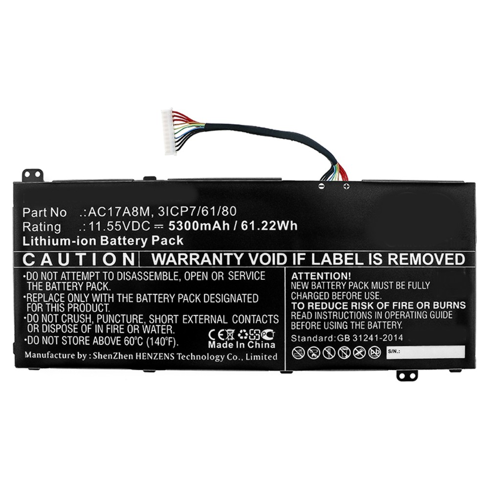 Synergy Digital Laptop Battery, Compatible with Acer 3ICP7/61/80, AC17A8M Laptop Battery (Li-ion, 11.55V, 5300mAh)