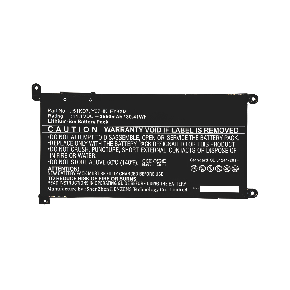 Synergy Digital Laptop Battery, Compatible with DELL 51KD7, FY8XM, Y07HK Laptop Battery (Li-ion, 11.1V, 3550mAh)