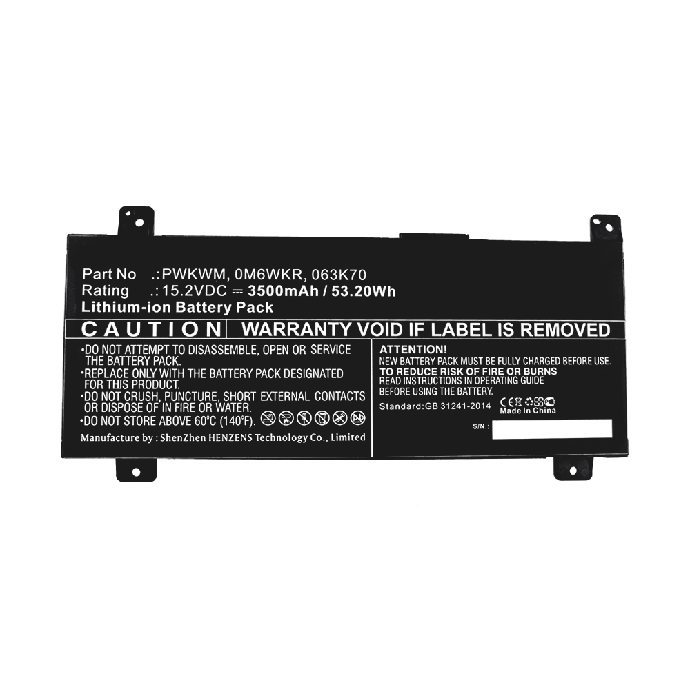 Synergy Digital Laptop Battery, Compatible with DELL 063K70, 0M6WKR, 63k70, M6WKR, PWKWM Laptop Battery (Li-ion, 15.2V, 3500mAh)