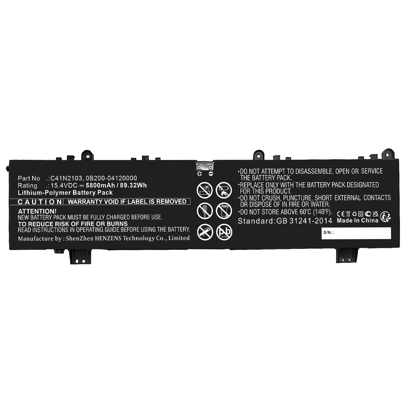 Synergy Digital Laptop Battery, Compatible with Asus C41N2103 Laptop Battery (Li-Pol, 15.4V, 5800mAh)