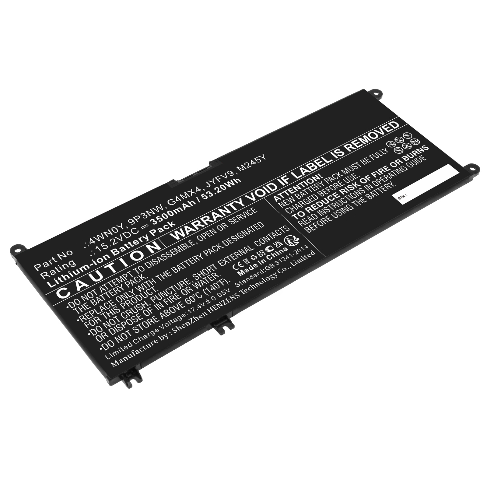 Synergy Digital Laptop Battery, Compatible with DELL 4WN0Y Laptop Battery (Li-ion, 15.2V, 3500mAh)