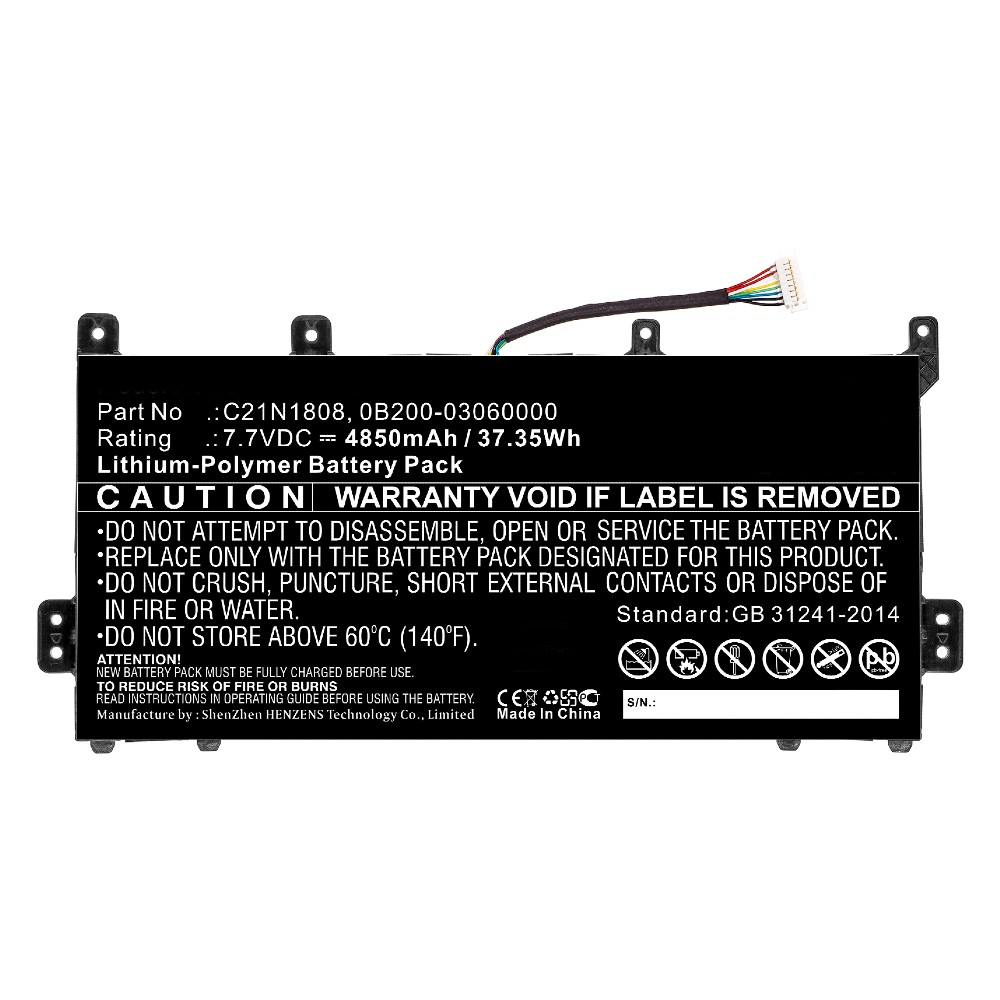 Synergy Digital Laptop Battery, Compatible with Asus 0B200-03060000, 0B200-03130000, C21N1808 Laptop Battery (Li-Pol, 7.7V, 4850mAh)