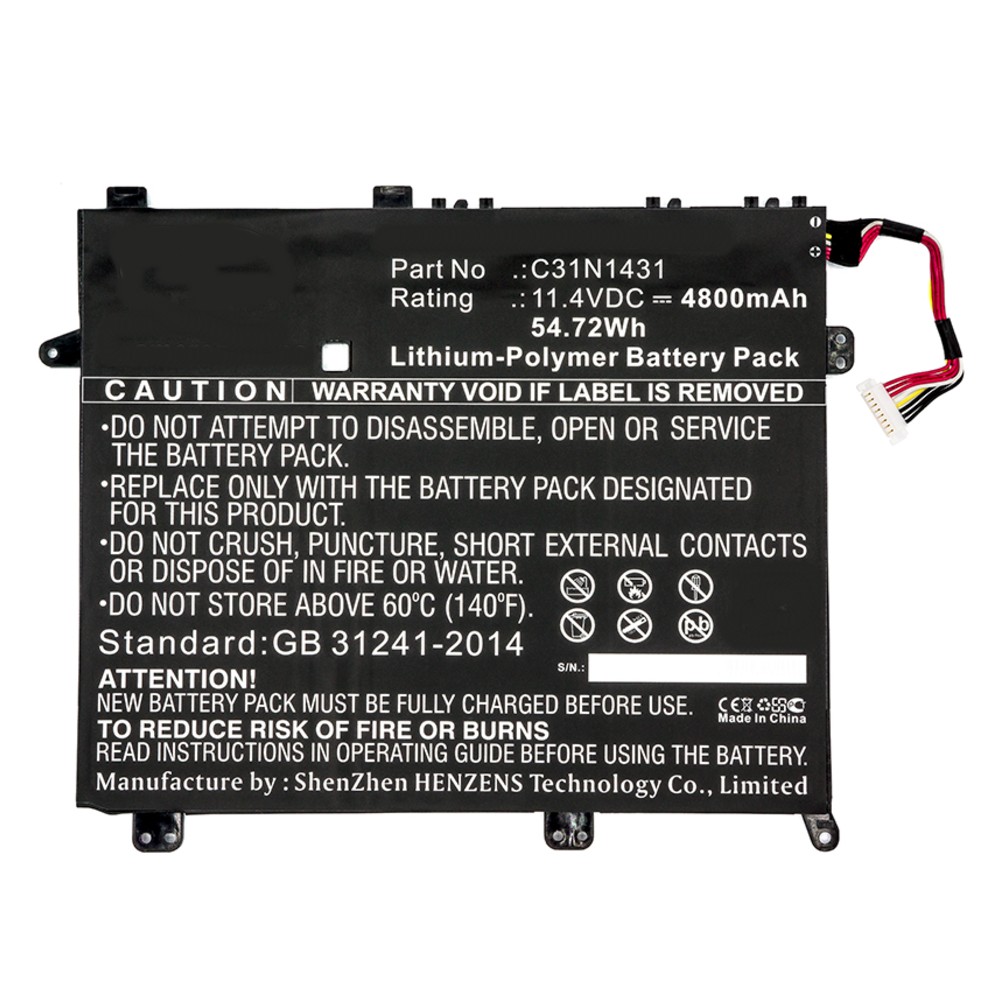 Synergy Digital Laptop Battery, Compatible with Asus 0B200-01600000, 0B200-01600200, 0B200-01600300, 0B200-01600400, C31N1431, C32N1431 Laptop Battery (Li-Pol, 11.4V, 4800mAh)