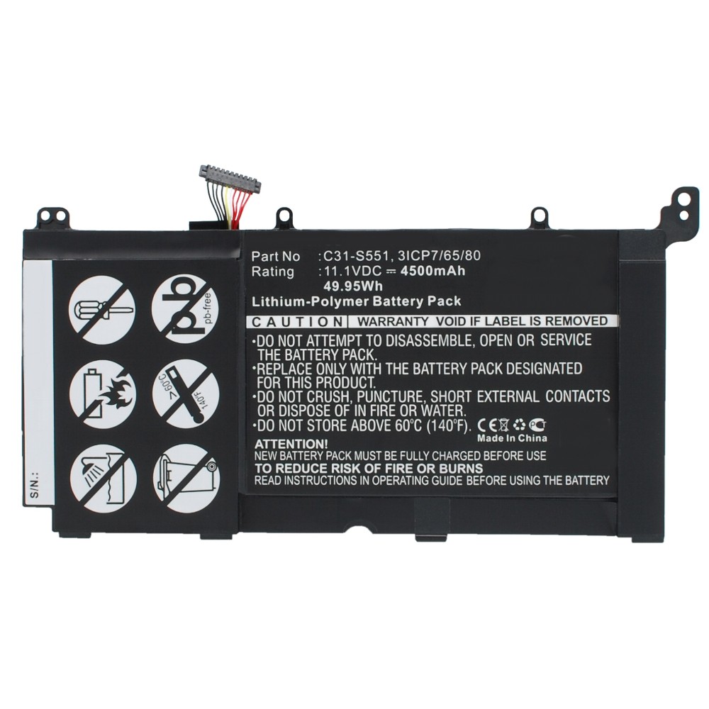 Synergy Digital Laptop Battery, Compatible with Asus 3ICP7/65/80, C31-S551, S551LB-CJ046H Laptop Battery (Li-Pol, 11.1V, 4500mAh)