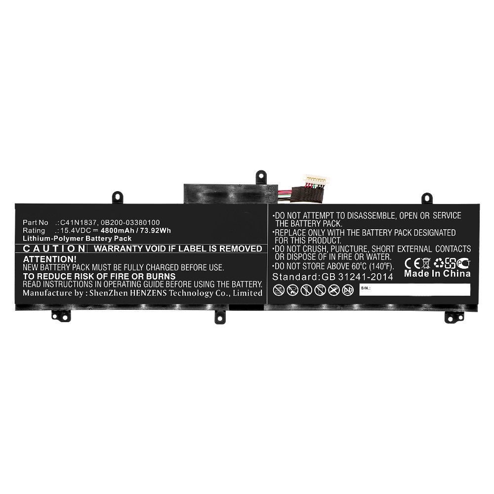 Synergy Digital Laptop Battery, Compatible with Asus 0B200-03380100, C41N1837 Laptop Battery (Li-Pol, 15.4V, 4800mAh)
