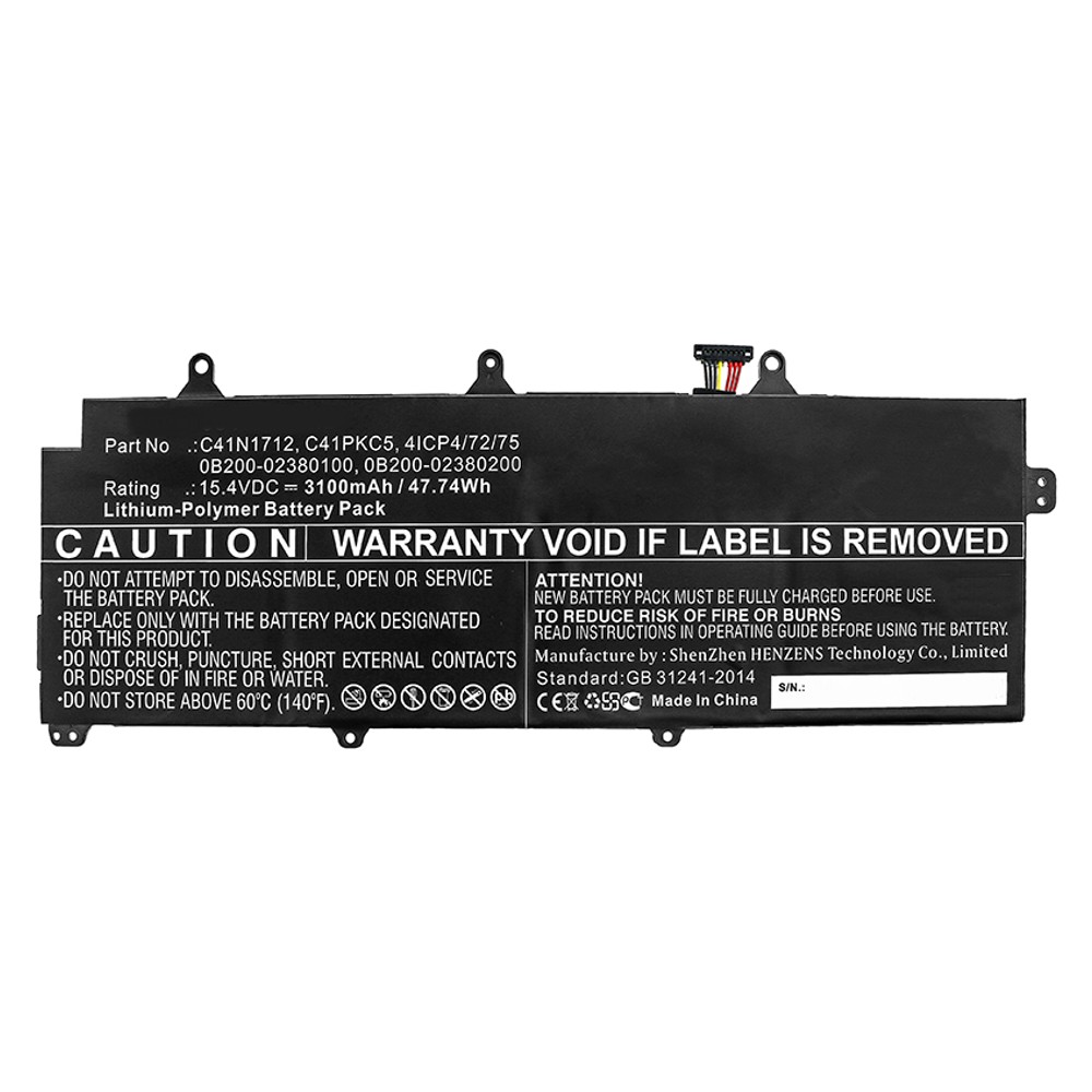 Synergy Digital Laptop Battery, Compatible with Asus 0B200-02380100, 0B200-02380200, 4ICP4/72/75, C41N1712, C41PKC5 Laptop Battery (Li-Pol, 15.4V, 3100mAh)