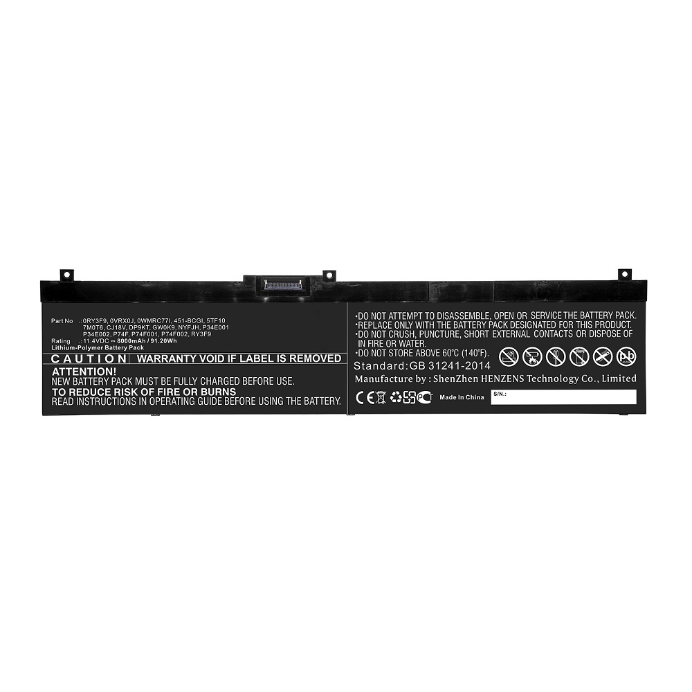 Synergy Digital Laptop Battery, Compatible with DELL 0RY3F9, 0VRX0J, 0WMRC77I, 451-BCGI, 5TF10, 7M0T6, CJ18V, DP9KT, GW0K9, NYFJH, P34E001, P34E002, P74F, P74F001, P74F002, RY3F9 Laptop Battery (Li-Pol, 11.4V, 8000mAh)