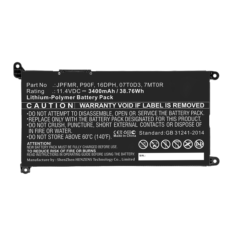 Synergy Digital Laptop Battery, Compatible with DELL 07T0D3, 16DPH, 7MT0R, JPFMR, P90F Laptop Battery (Li-Pol, 11.4V, 3400mAh)