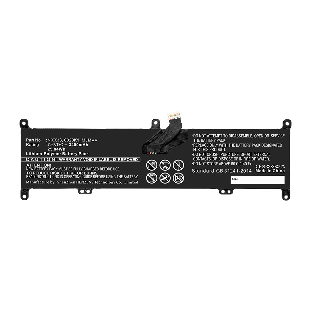 Synergy Digital Laptop Battery, Compatible with DELL MJMVV Laptop Battery (Li-Pol, 7.6V, 3400mAh)