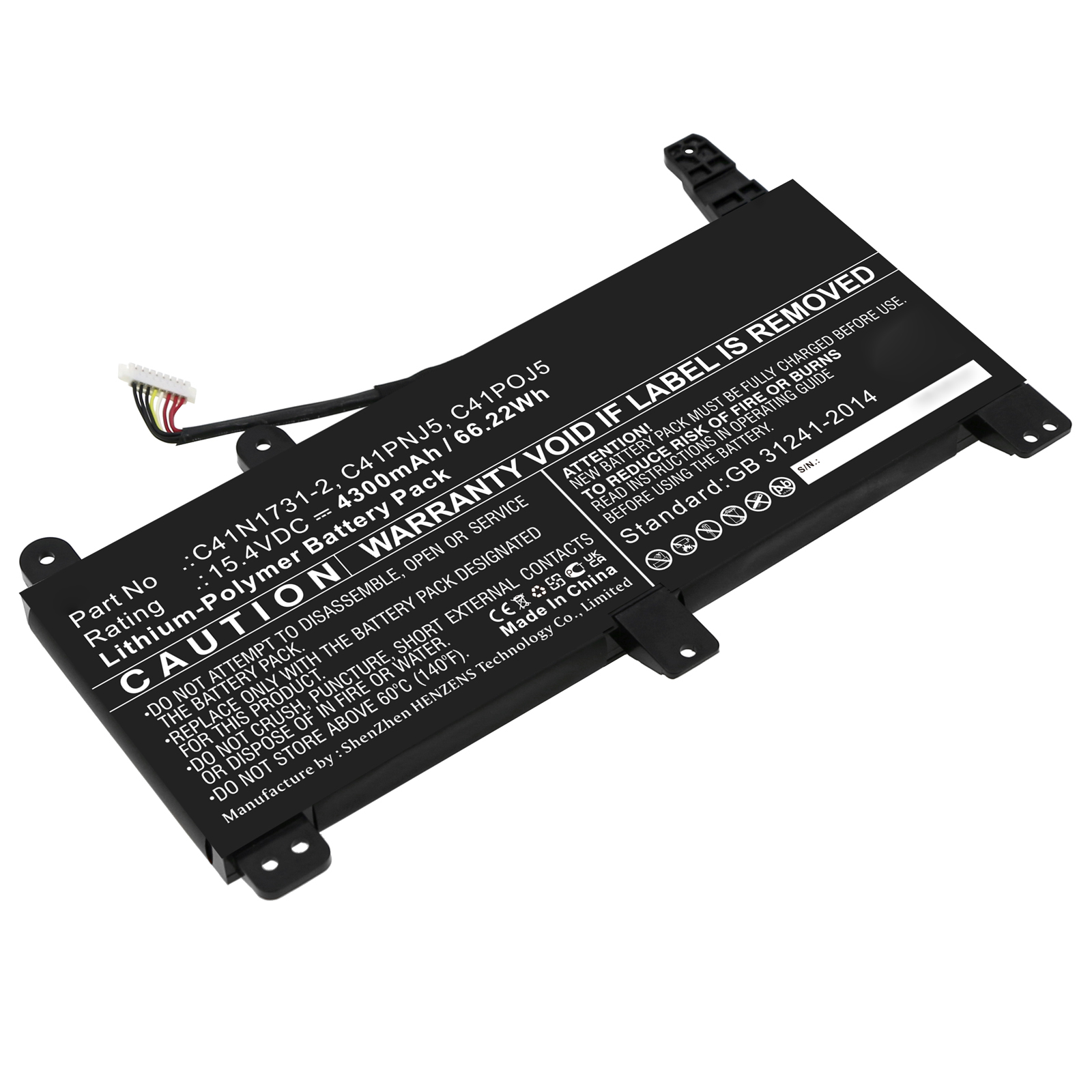 Synergy Digital Laptop Battery, Compatible with Asus C41N1731-2 Laptop Battery (Li-Pol, 15.4V, 4300mAh)