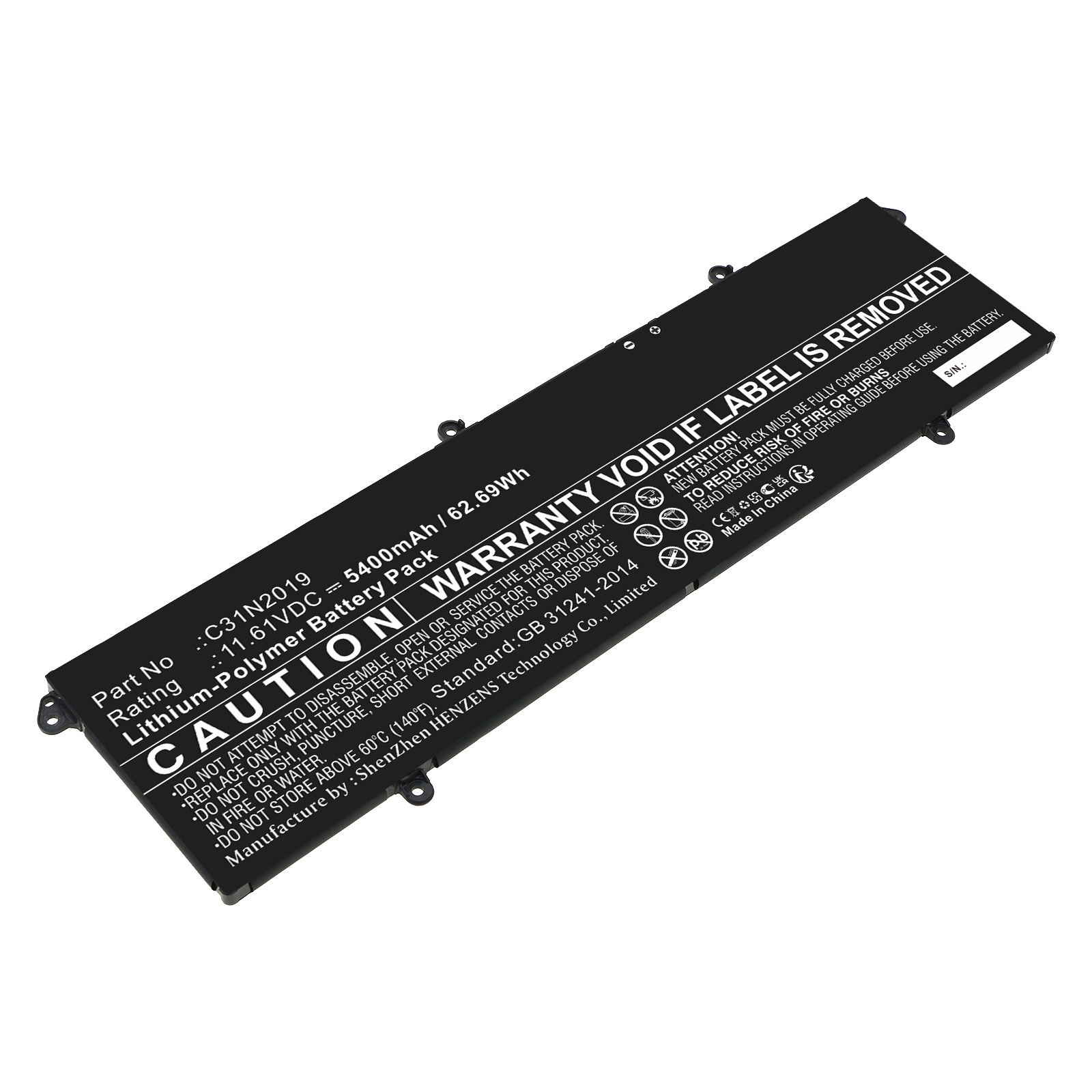 Synergy Digital Laptop Battery, Compatible with Asus C31N2019 Laptop Battery (Li-Pol, 11.61V, 5400mAh)