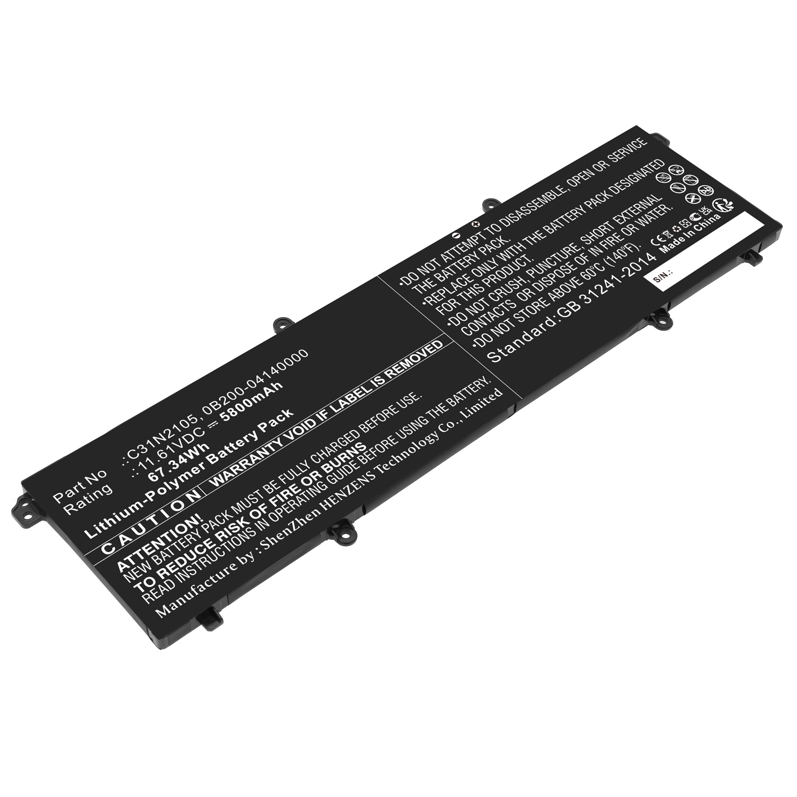 Synergy Digital Laptop Battery, Compatible with Asus C31N2105 Laptop Battery (Li-Pol, 11.61V, 5800mAh)