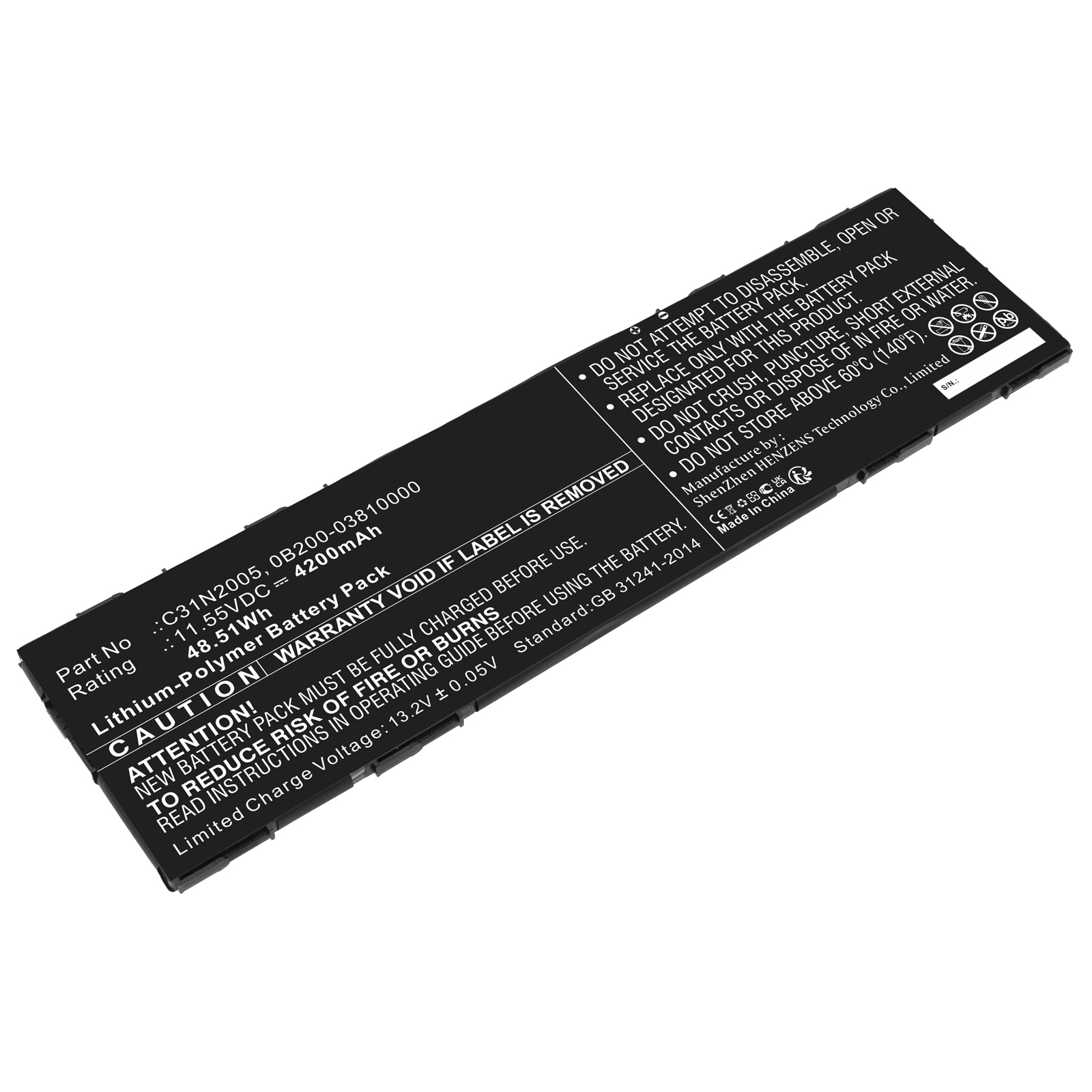 Synergy Digital Laptop Battery, Compatible with Asus C31N2005 Laptop Battery (Li-Pol, 11.55V, 4200mAh)