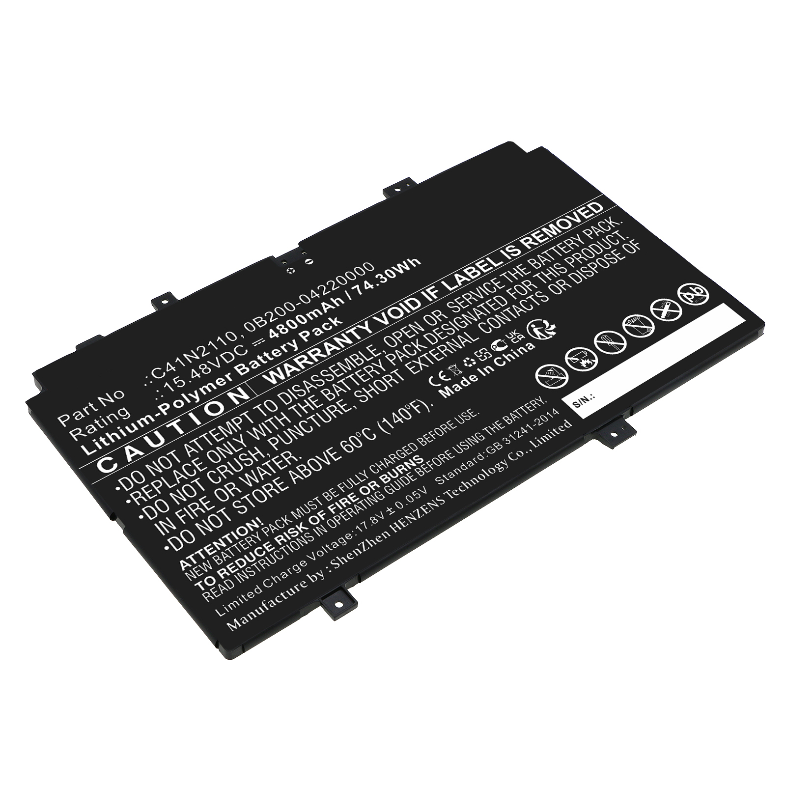 Synergy Digital Laptop Battery, Compatible with Asus C41N2110 Laptop Battery (Li-Pol, 15.48V, 4800mAh)