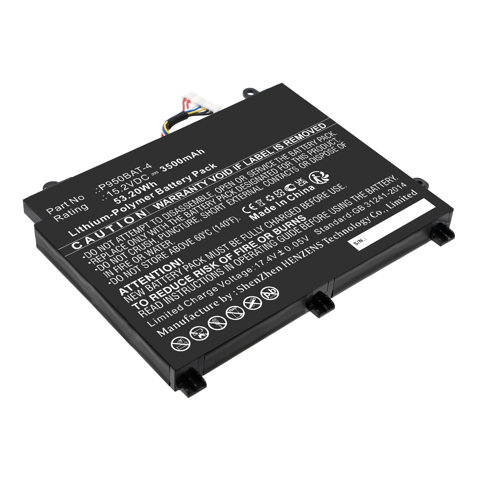 Synergy Digital Laptop Battery, Compatible with Clevo 6-87-P950S-51E00 Laptop Battery (Li-Pol, 15.2V, 3500mAh)