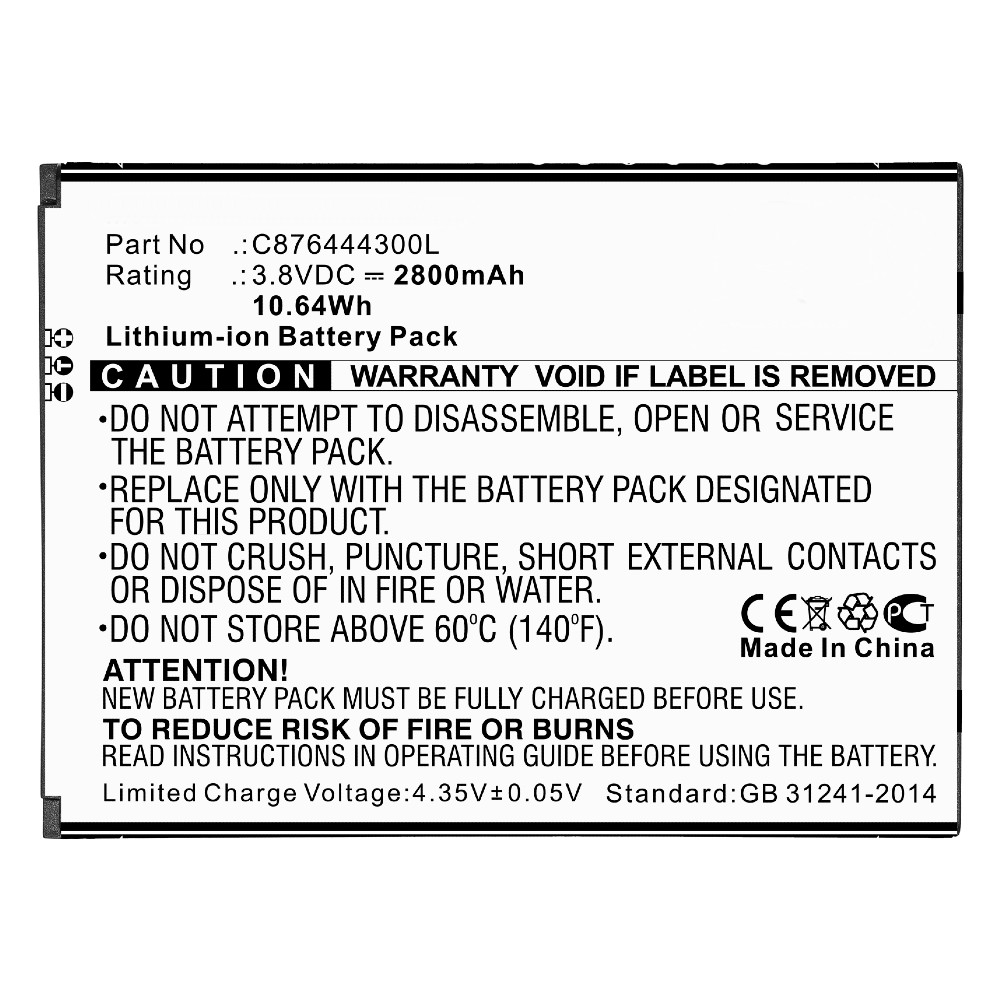 Synergy Digital Cell Phone Battery, Compatible with BLU C876444300L Cell Phone Battery (Li-ion, 3.8V, 2800mAh)