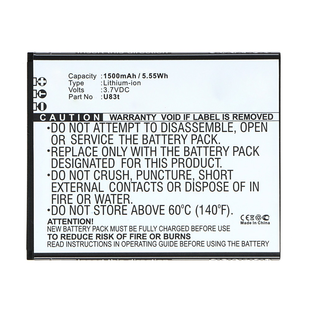 Synergy Digital Cell Phone Battery, Compatible with K-Touch U83t Cell Phone Battery (Li-ion, 3.7V, 1500mAh)