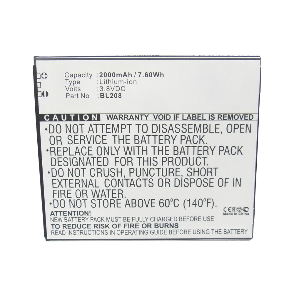 Synergy Digital Cell Phone Battery, Compatible with Lenovo BL208 Cell Phone Battery (Li-ion, 3.8V, 2000mAh)