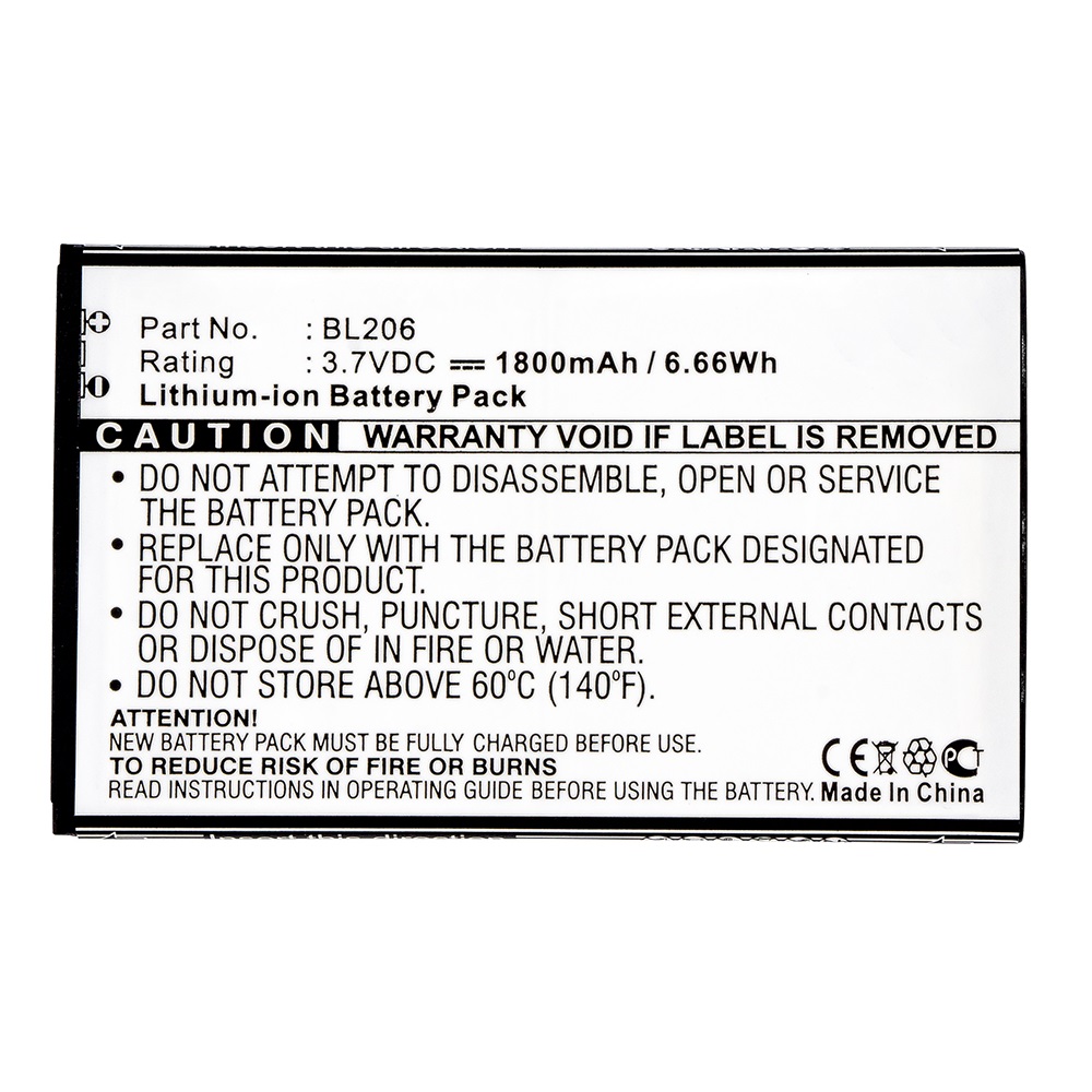 Synergy Digital Cell Phone Battery, Compatible with Lenovo BL206 Cell Phone Battery (Li-ion, 3.7V, 1800mAh)