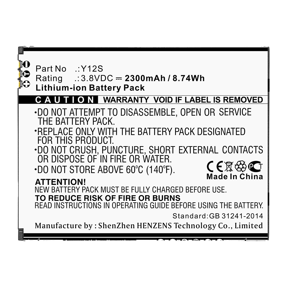 Synergy Digital Cell Phone Battery, Compatible with Sugar Y12S Cell Phone Battery (Li-ion, 3.8V, 2300mAh)