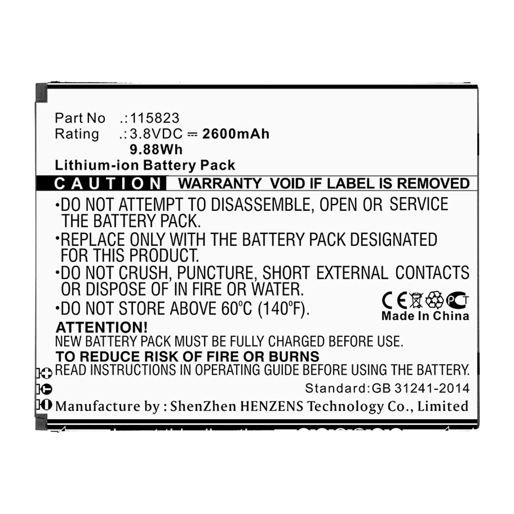 Synergy Digital Cell Phone Battery, Compatible with Wiko 115823 Cell Phone Battery (Li-ion, 3.8V, 2600mAh)