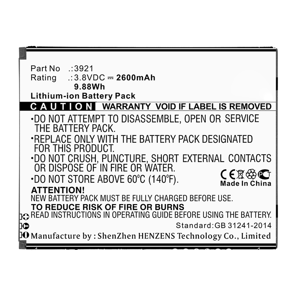 Synergy Digital Cell Phone Battery, Compatible with Wiko 3921 Cell Phone Battery (Li-ion, 3.8V, 2600mAh)