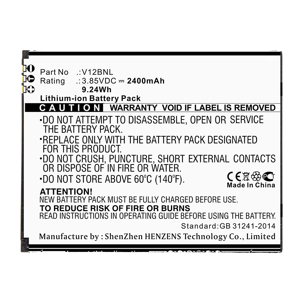 Synergy Digital Cell Phone Battery, Compatible with Wiko V12BNL Cell Phone Battery (Li-ion, 3.85V, 2400mAh)