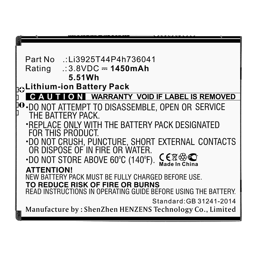 Synergy Digital Cell Phone Battery, Compatible with ZTE Li3925T44P4h736041 Cell Phone Battery (Li-ion, 3.8V, 1450mAh)