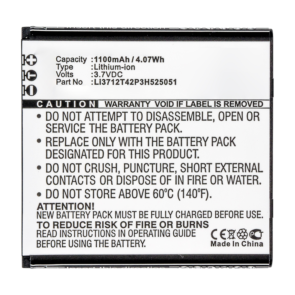 Synergy Digital Cell Phone Battery, Compatible with ZTE Li3712T42P3H525051 Cell Phone Battery (Li-ion, 3.7V, 1100mAh)