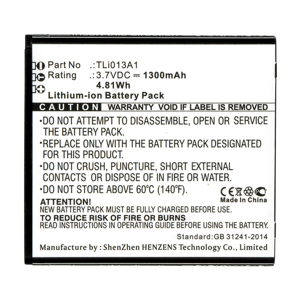 Synergy Digital Cell Phone Battery, Compatible with TLi013A1 Cell Phone Battery (3.7V, Li-ion, 1300mAh)