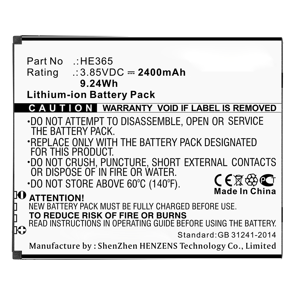 Synergy Digital Cell Phone Battery, Compatible with HE365 Cell Phone Battery (3.85V, Li-ion, 2400mAh)